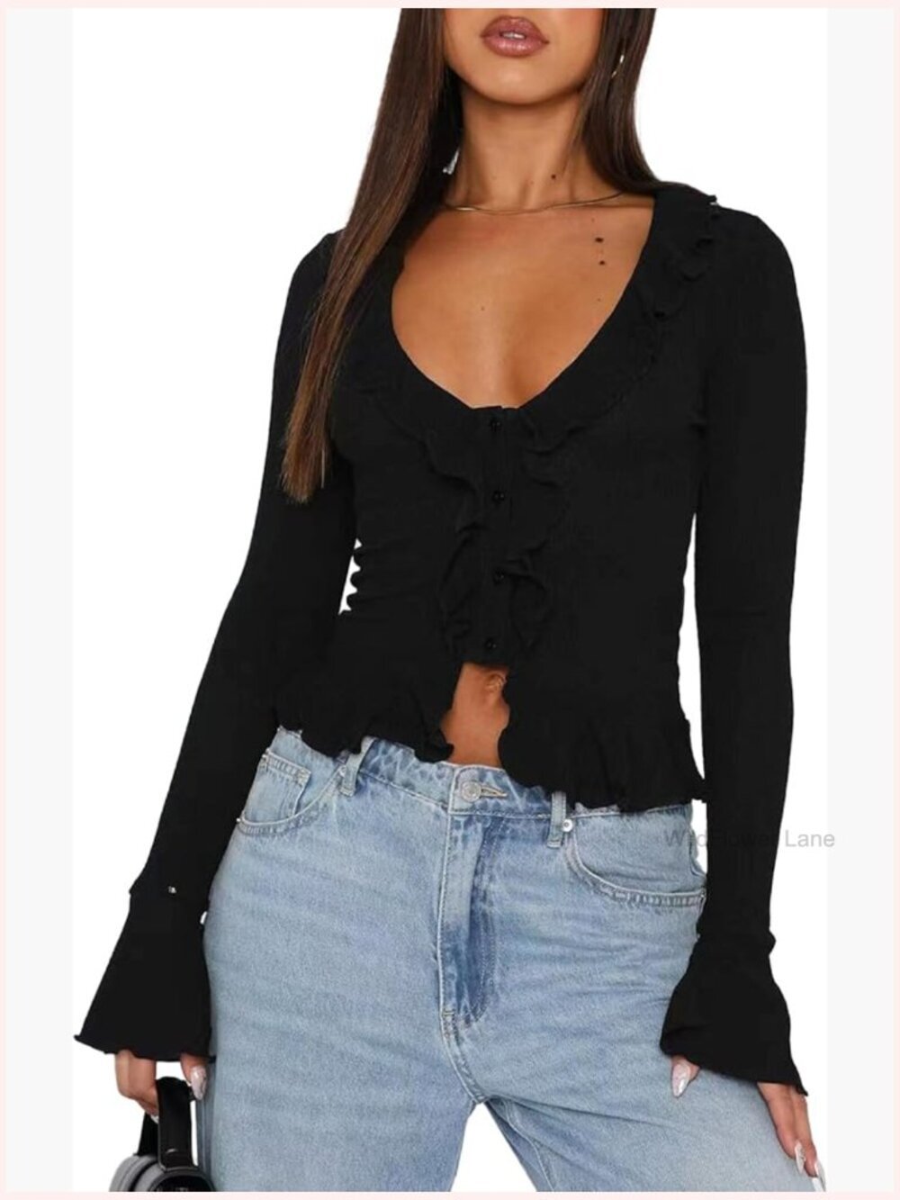 Ruffle Trim V Neck Button Front Crop Top Flared Sleeve Blouse